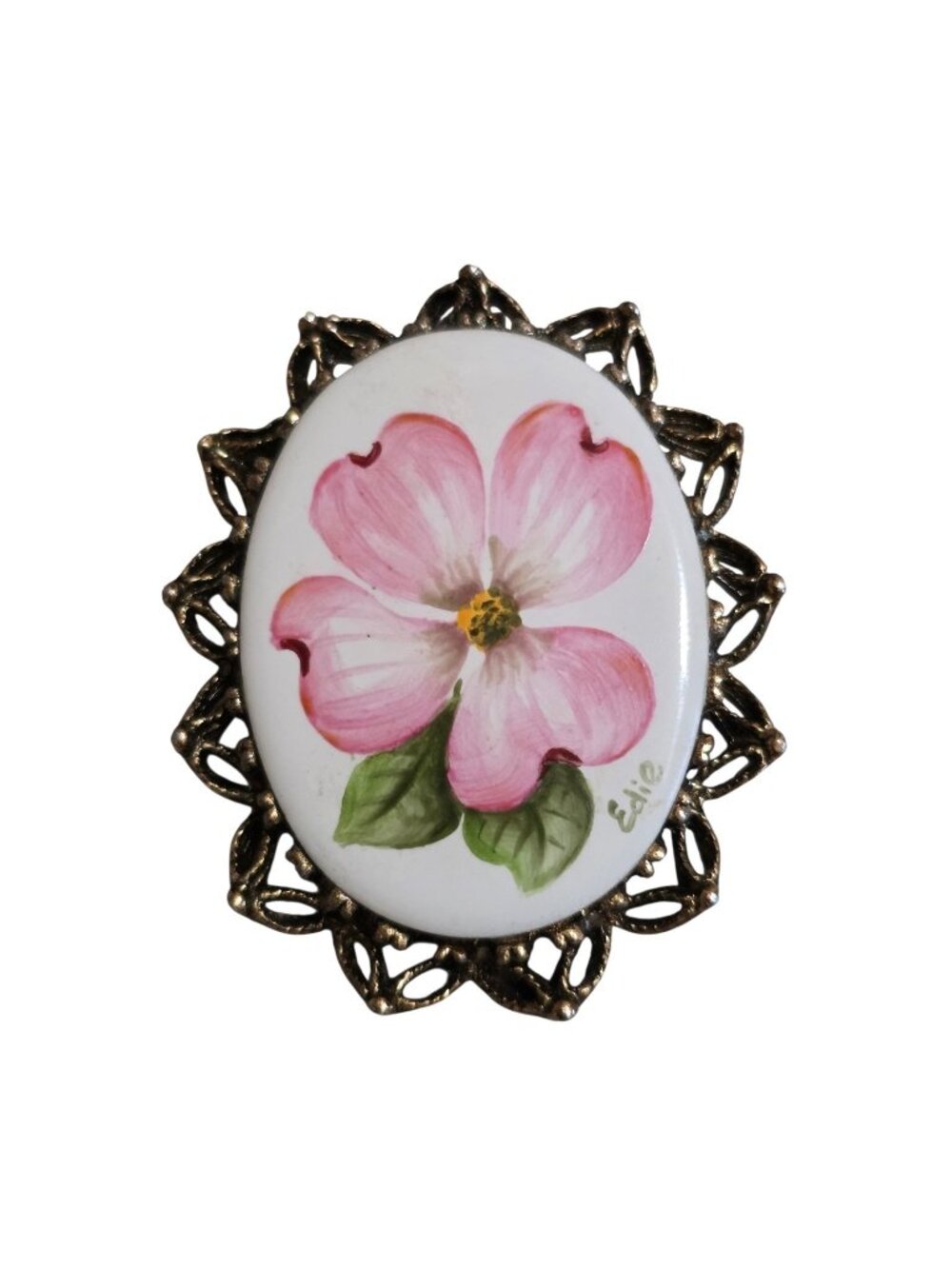 Vtg Edie Johnstone Vt Hand Painted Porcelain Flower Brooch Pendant 2.25" x 1.75"